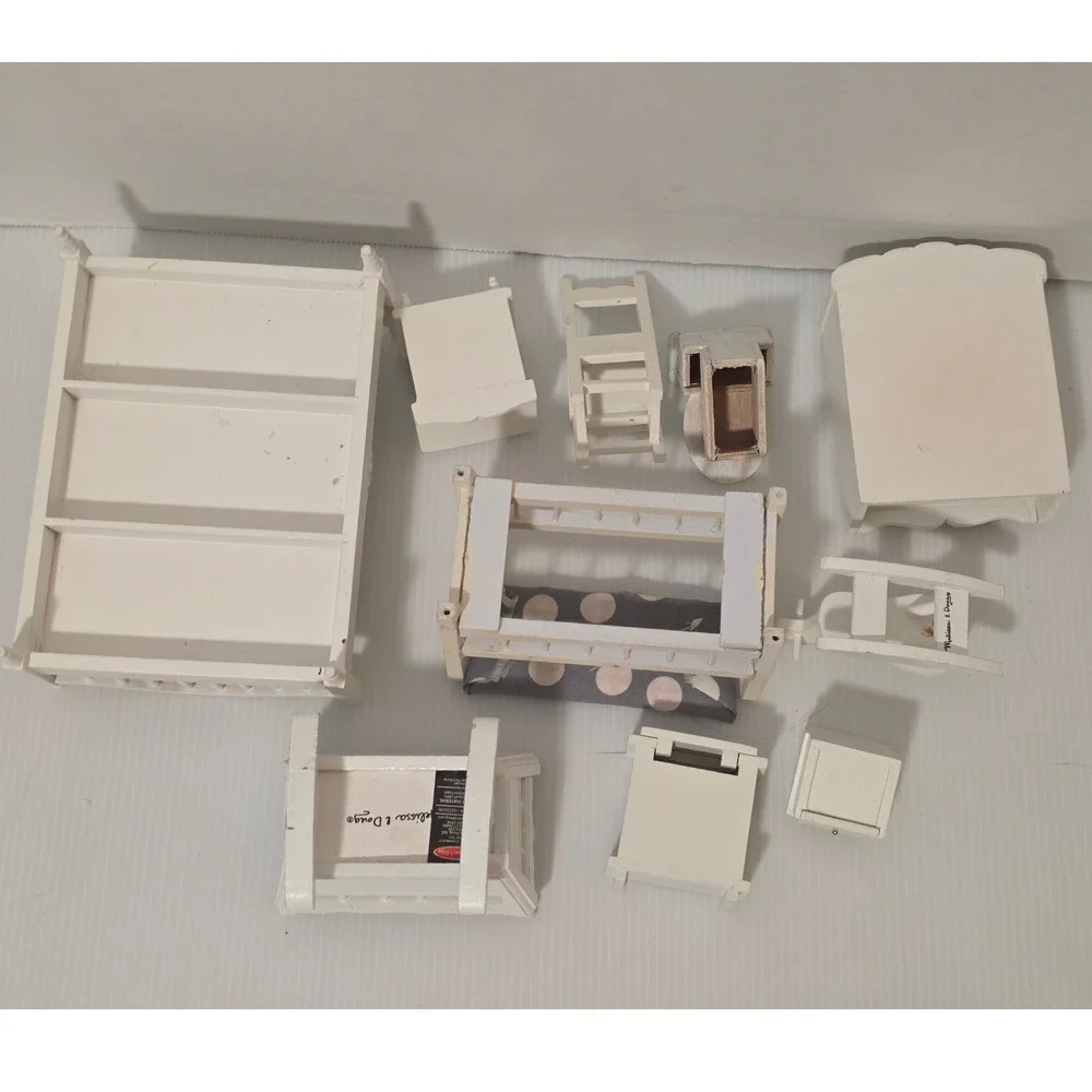 Mixed White Wooden Dollhouse Furniture Set 10pc Fair Condition Incomplete